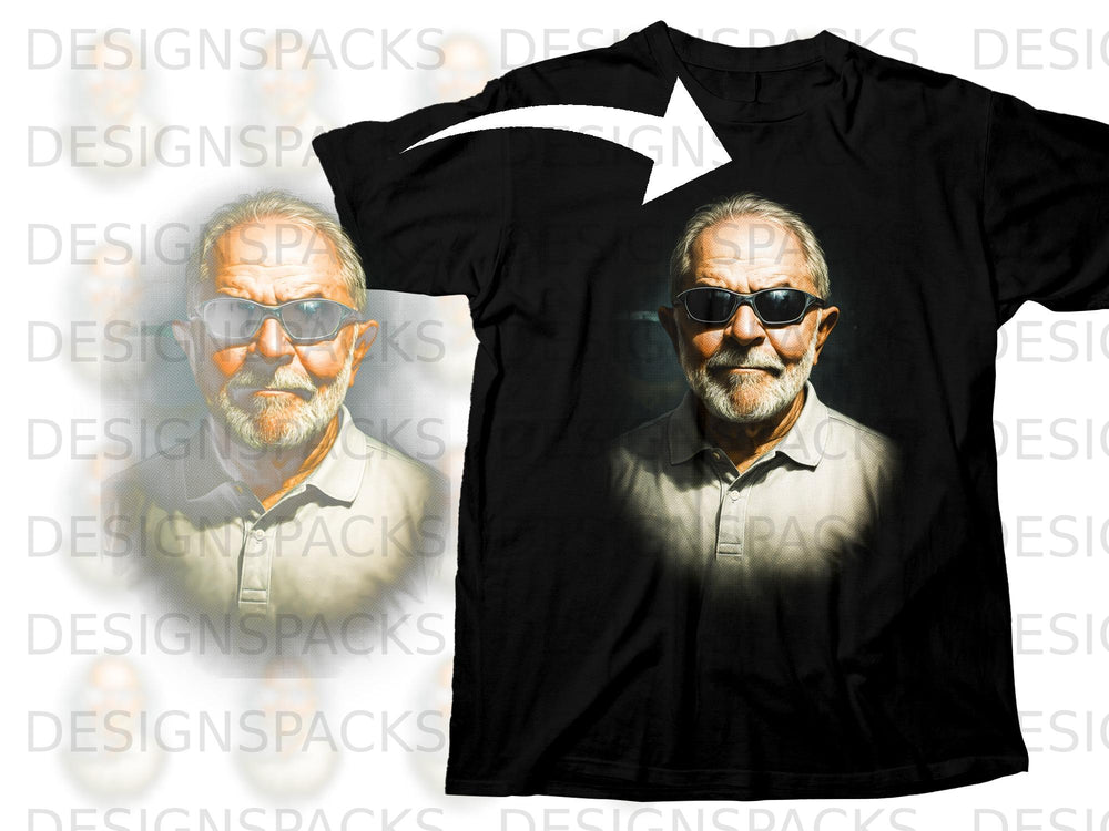 Black t-shirt with a portrait print of a man wearing sunglasses.