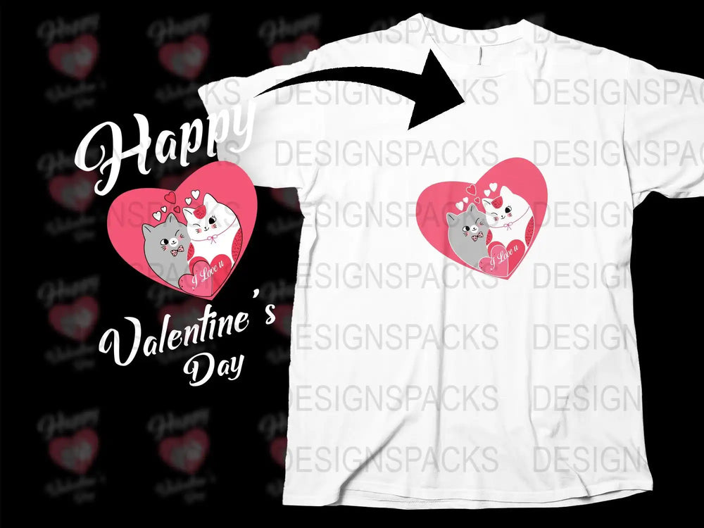 Valentine's Day cat design on white t-shirt with heart and 'I Love U' text