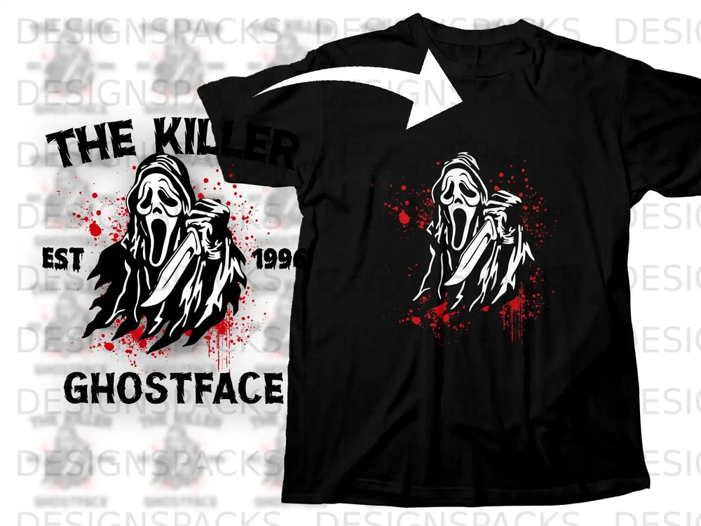 Black t-shirt with a white Ghostface graphic and "THE KILLER EST 1990 GHOSTFACE" text.