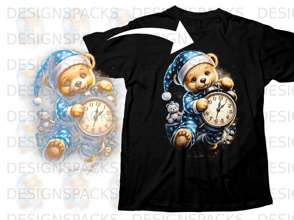 Black t-shirt with a graphic of a teddy bear in pajamas holding an alarm clock.