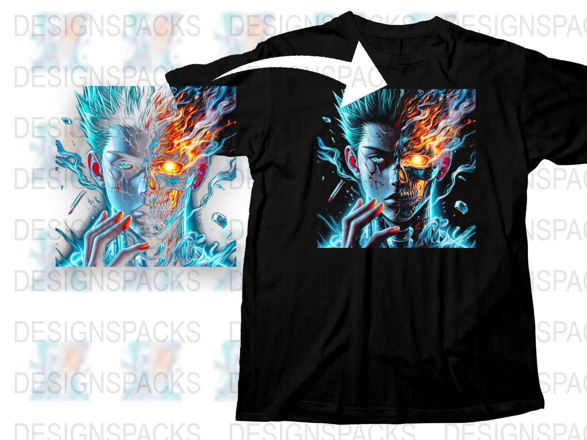 Men's Graphic Tee, Blue Flaming Skull Print, Cool Fire Design T-Shirt, Unique Artistic Top