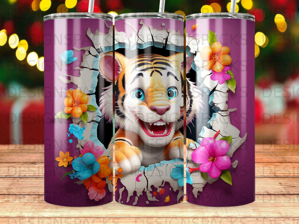 Tiger bursting through a cracked surface with colorful flowers.