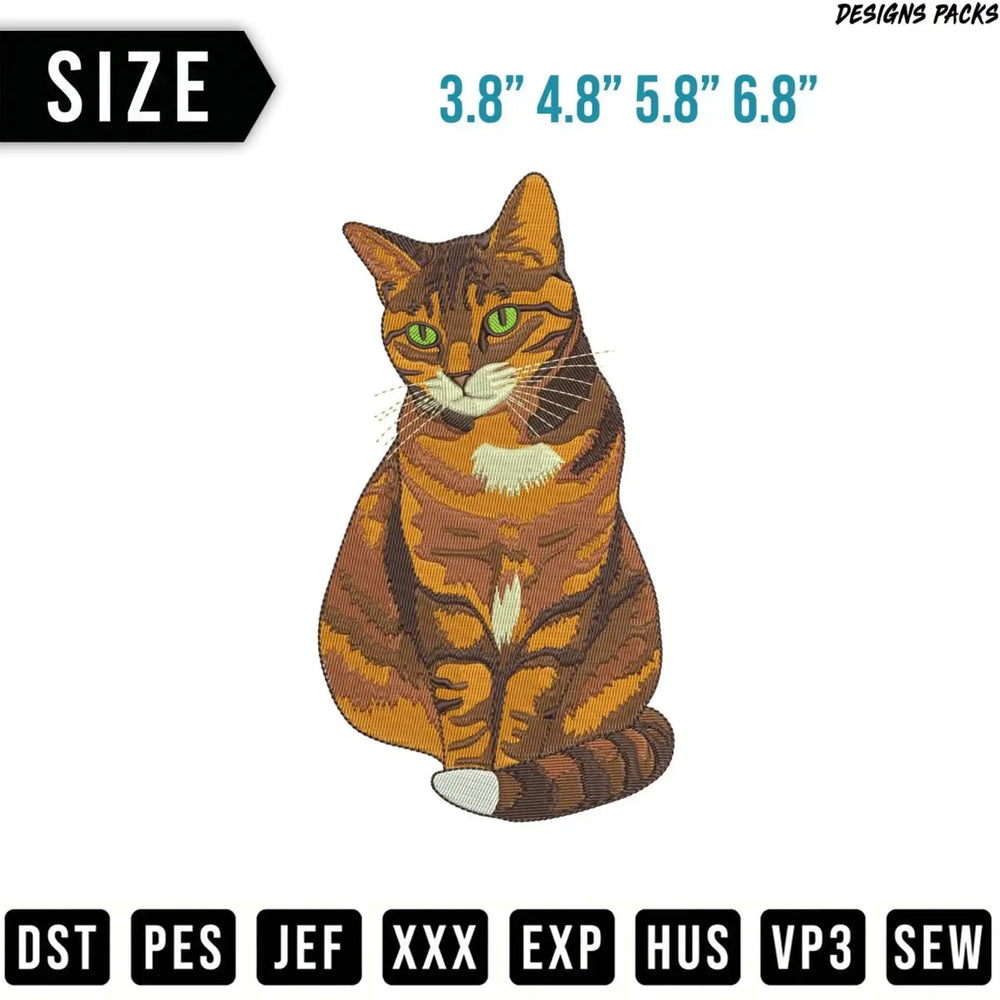 Brown tabby cat embroidery design with size and file format options.