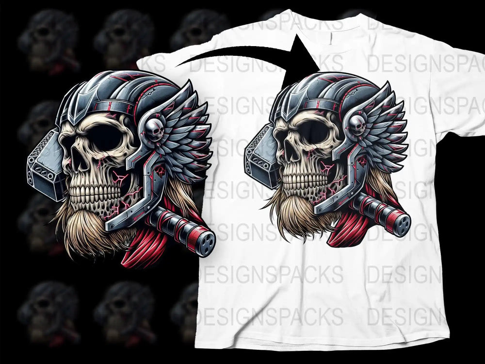 Skull with wings and hammer, print-ready t-shirt design for DTF/DTG