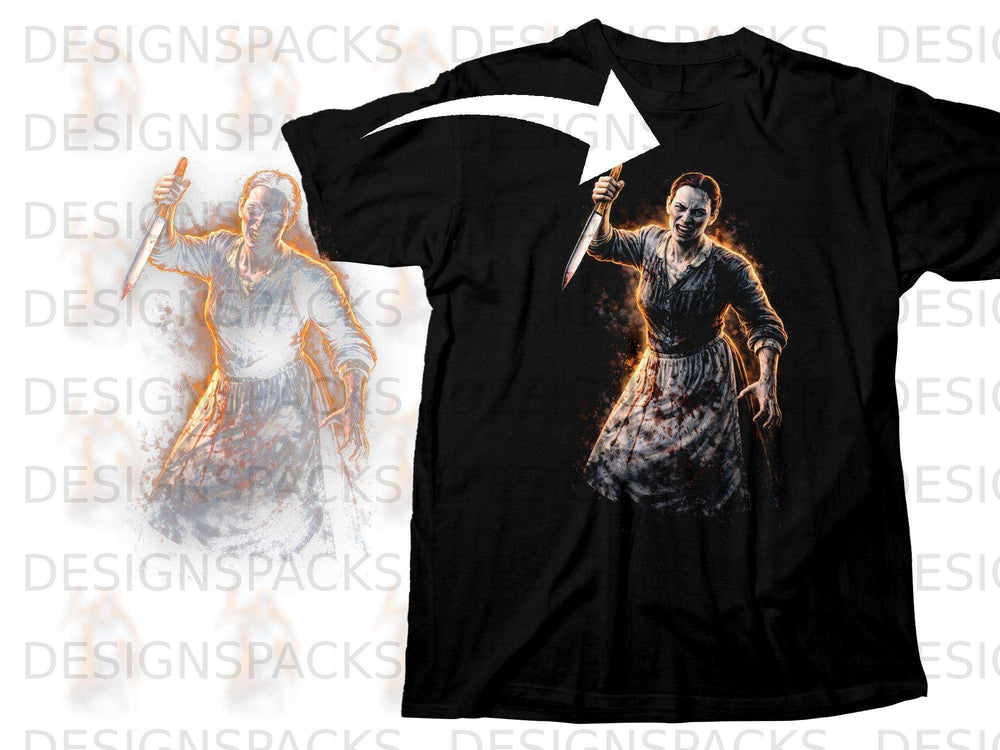 Black t-shirt with a graphic of a woman holding a bloody knife, mouth open.