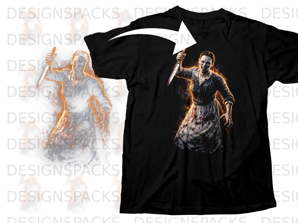Black t-shirt with a graphic of a woman holding a bloody knife, mouth open.