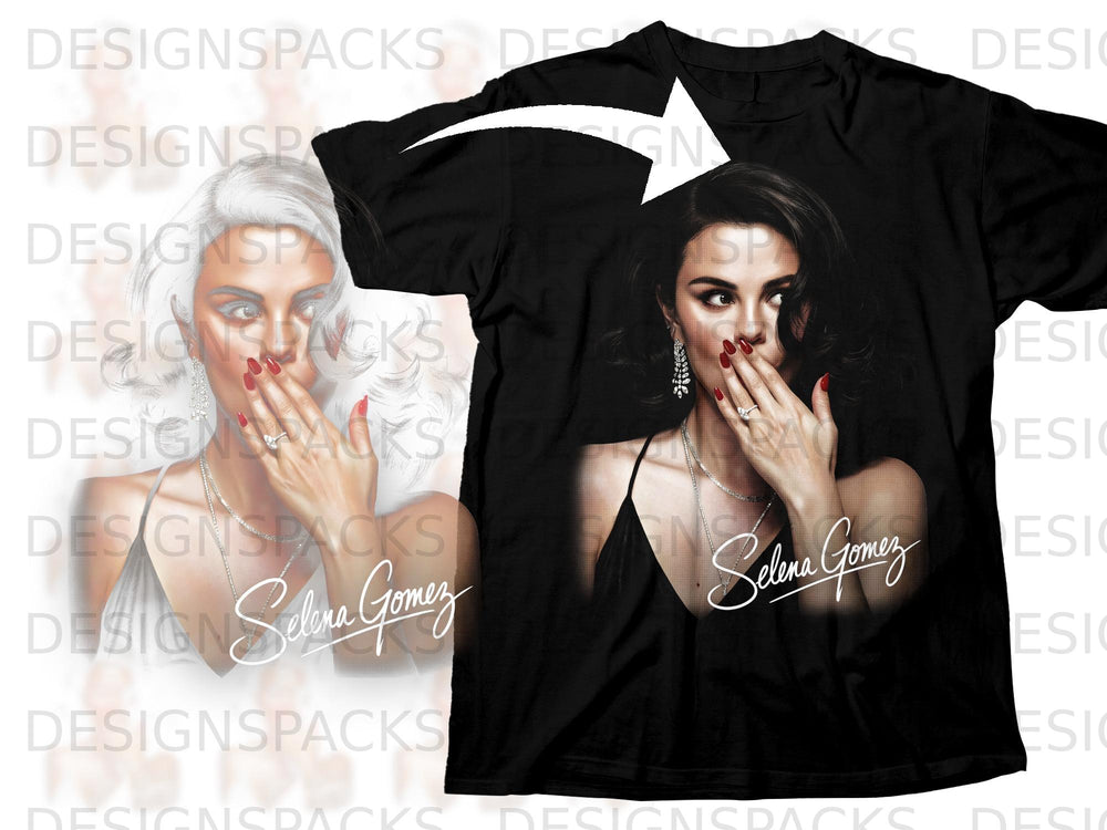 Black t-shirt featuring a portrait of Selena Gomez with her name.