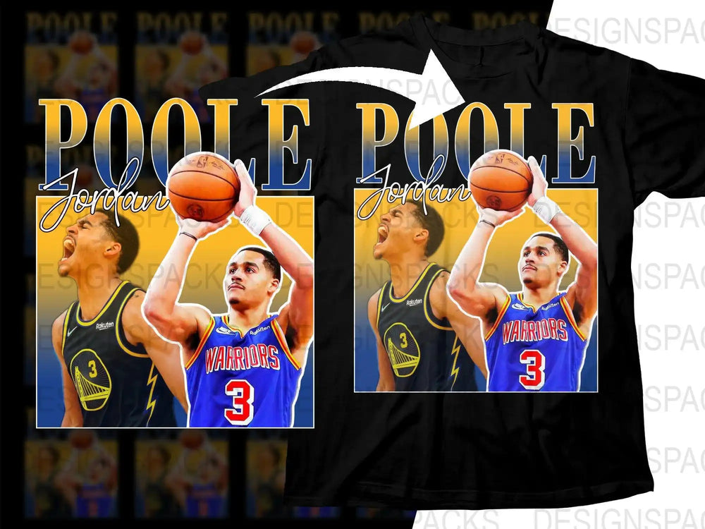 Poole Jordan Warriors basketball design on black t-shirt, print-ready PNG for DTF/DTG