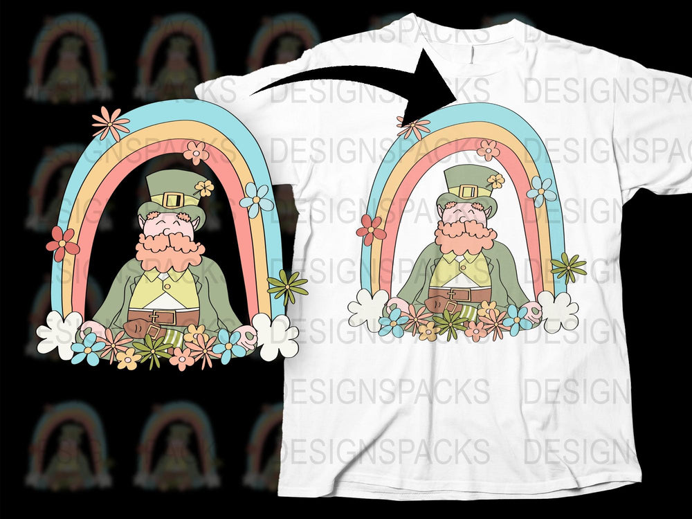 Leprechaun Rainbow Graphic T-Shirt, St. Patrick's Day Floral Tee, Unisex Irish Folklore Shirt, Spring Fashion Top