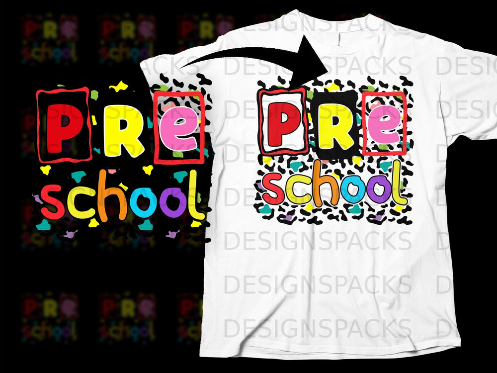 Colorful "Pre School" text with leopard print background on a white t-shirt.