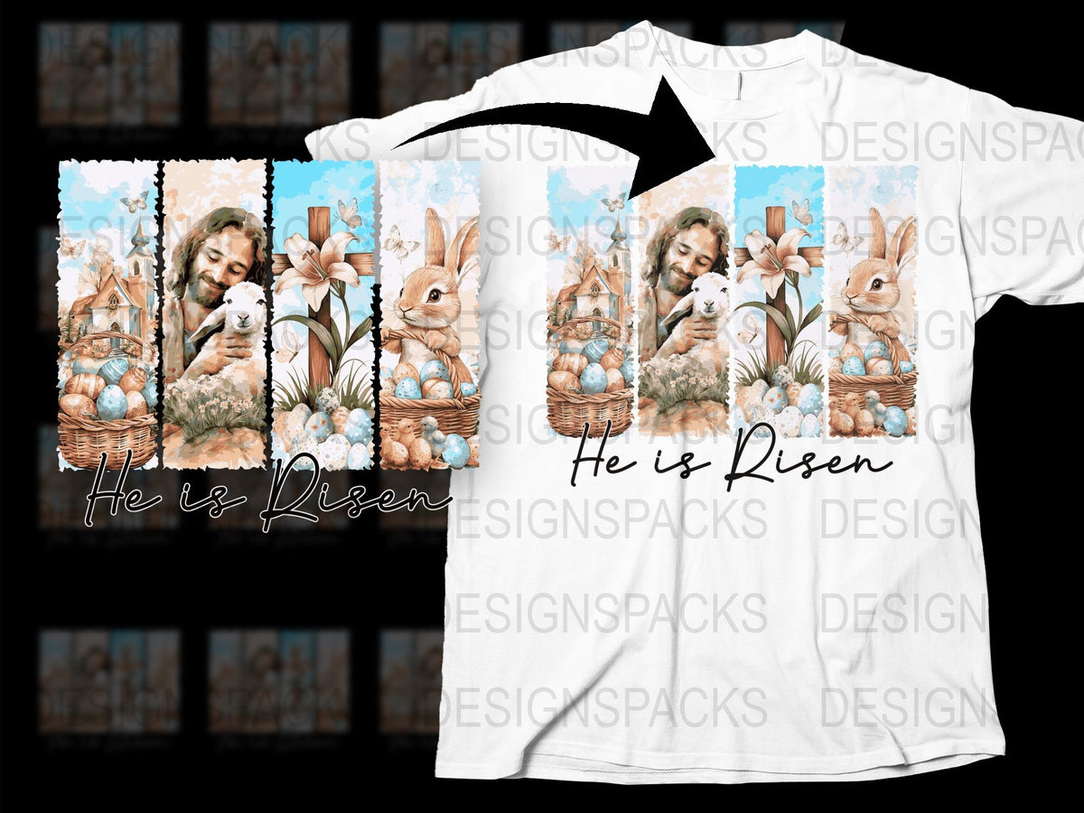 He is Risen Easter T-Shirt, Christian Graphic Tee, Bunny and Floral Design, Religious Spring Apparel for Adults and Children