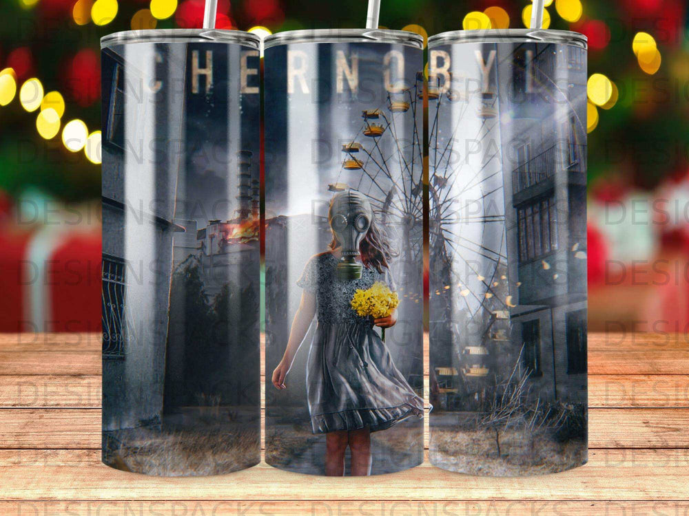Girl in gas mask with yellow flowers, Ferris wheel, and burning buildings.