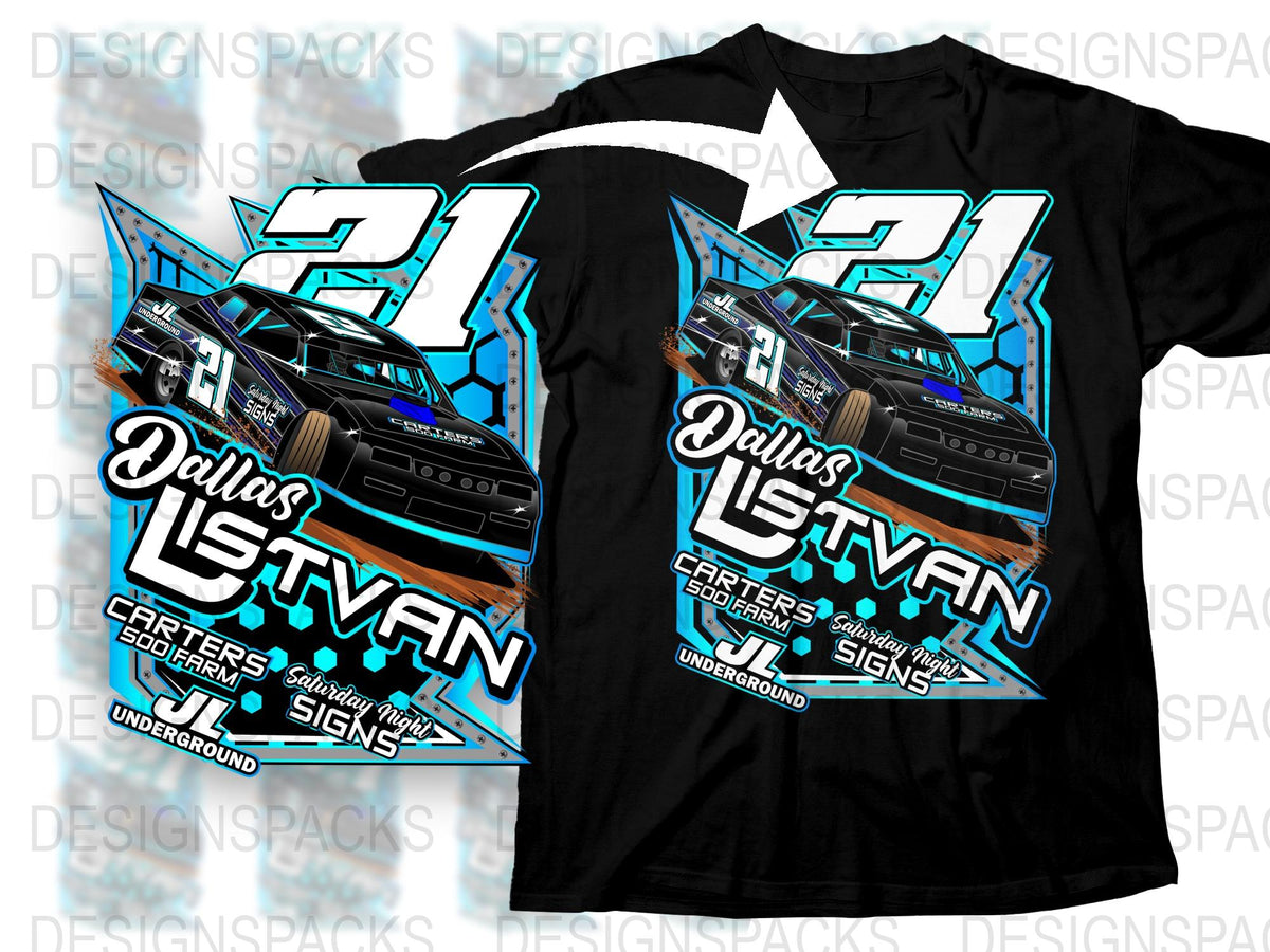 Dallas Racing T-Shirt, Custom Car Graphic Tee, Number 21, Blue and Black Race Car Shirt