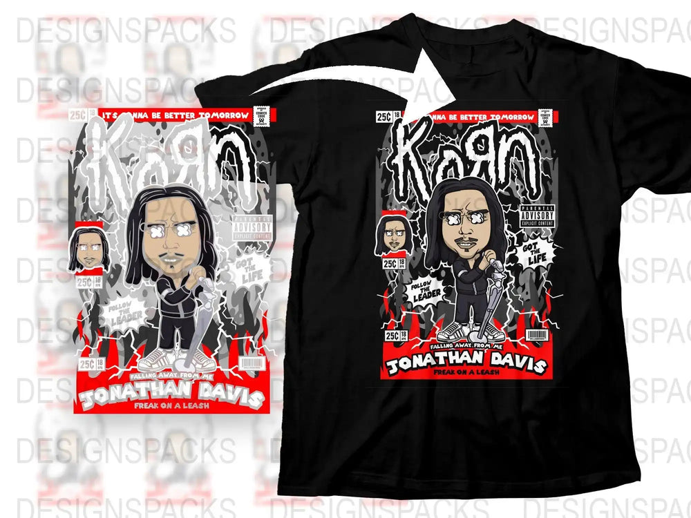 Korn band t-shirt design with Jonathan Davis caricature, comic-style graphics, and bold text