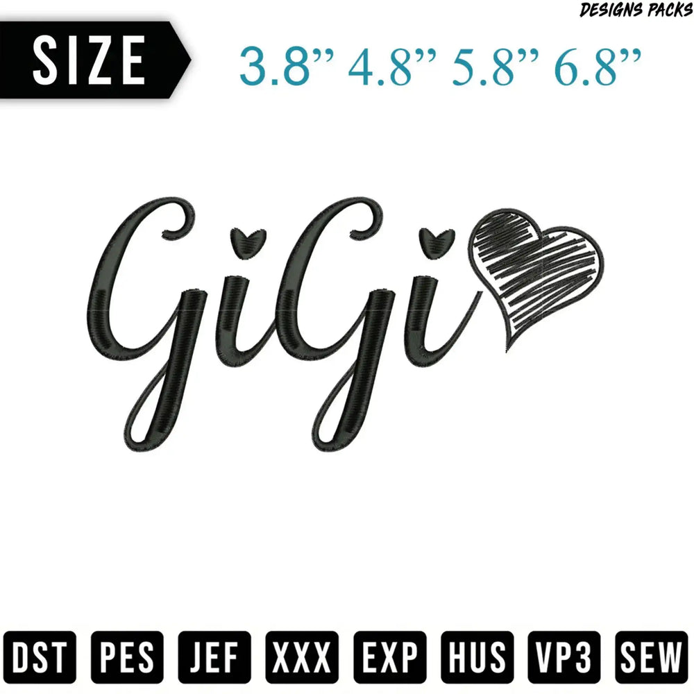 GiGi embroidered design with heart in script, available in multiple sizes.