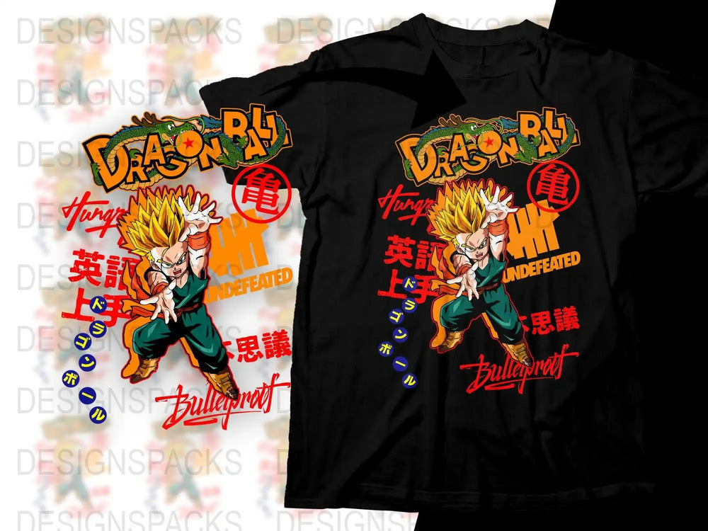 Dragon Ball Super Saiyan Goku t-shirt design with bold graphics and Japanese text