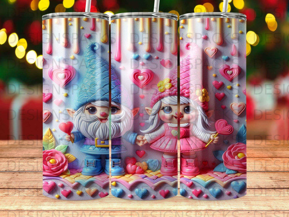 Gnomes in pink and blue outfits with hearts and flowers on a tumbler.