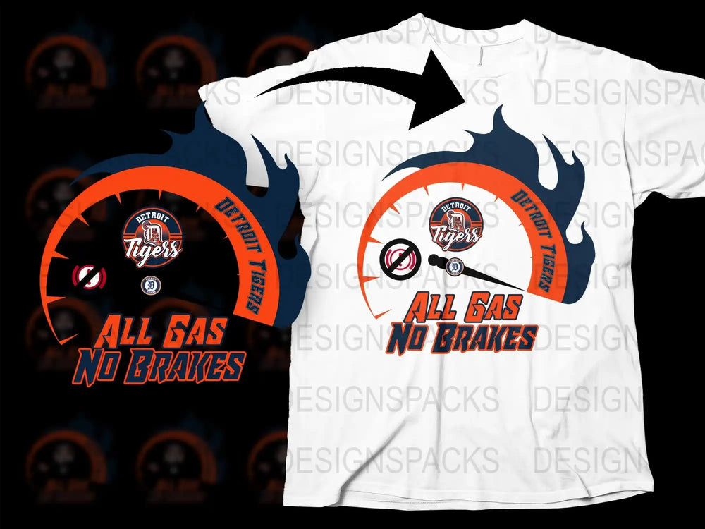 Detroit Tigers 'All Gas No Brakes' t-shirt design with speedometer graphic, print-ready for DTF DTG