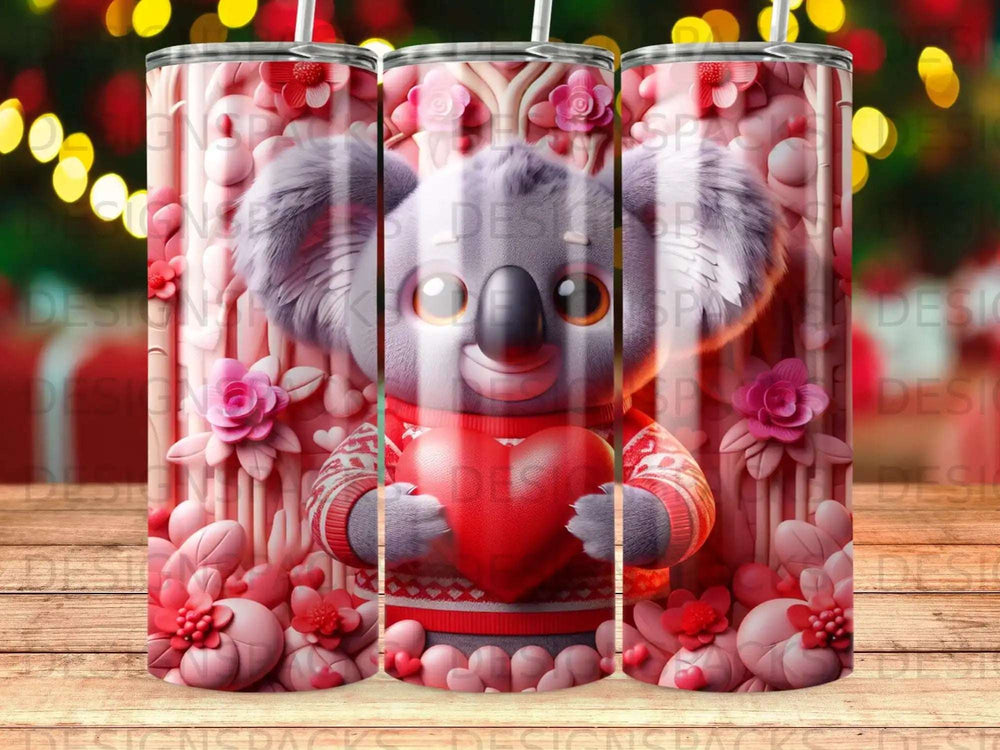 Koala holding a heart, surrounded by pink flowers and wood grain.