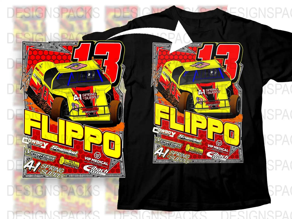 Racing car design with #13 and 'FLIPPO' for DTF/DTG t-shirt printing, print-ready PNG/SVG