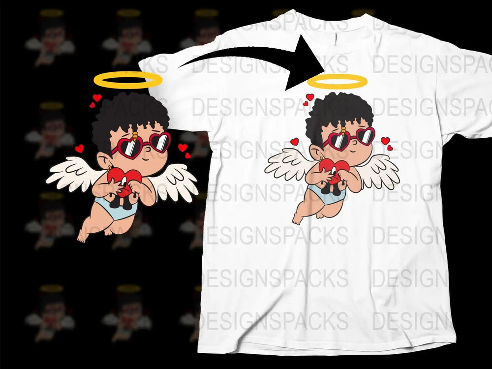 Cute angel baby with heart sunglasses and halo, print-ready design for t-shirts, DTF/DTG, SVG, PNG
