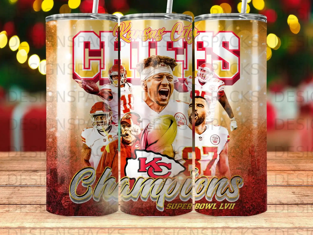 Kansas City Chiefs Super Bowl LVII Champions collage with players and trophy.