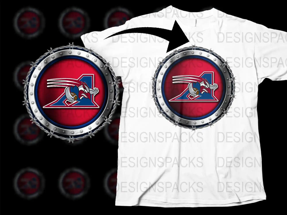 Football mascot design on white t-shirt with metallic circular frame, ideal for DTF/DTG printing.