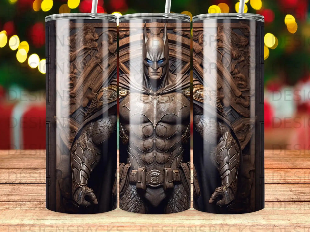 Batman standing stoically, detailed armor, dark background, three tumbler mockups.