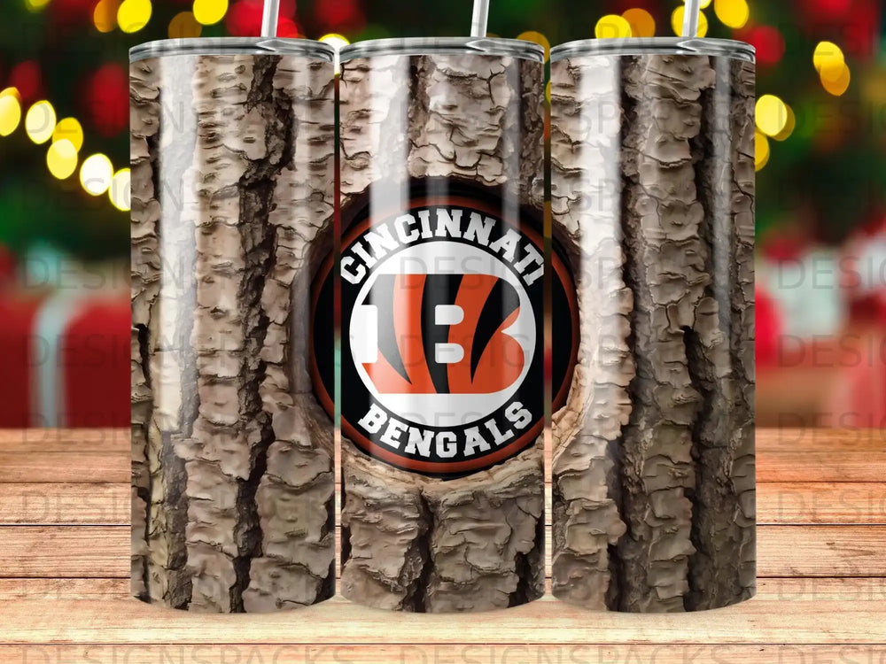 Cincinnati Bengals logo on a wood-grain textured tumbler.