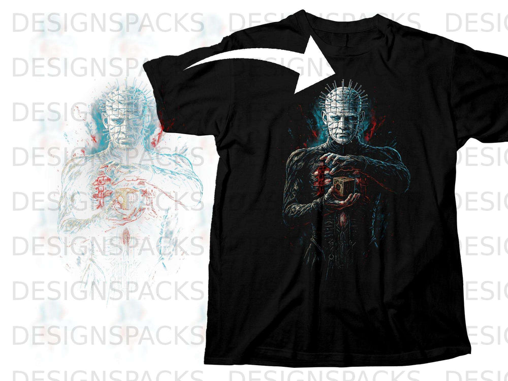 Black t-shirt featuring a detailed graphic of Pinhead from Hellraiser holding a puzzle box.