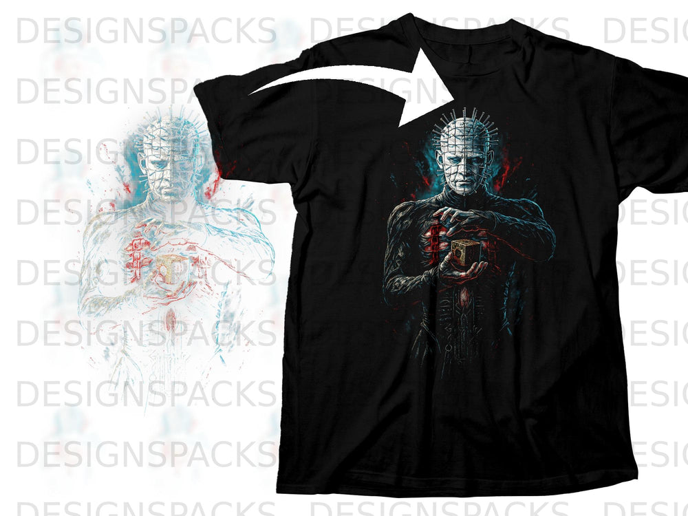Black t-shirt featuring a detailed graphic of Pinhead from Hellraiser holding a puzzle box.