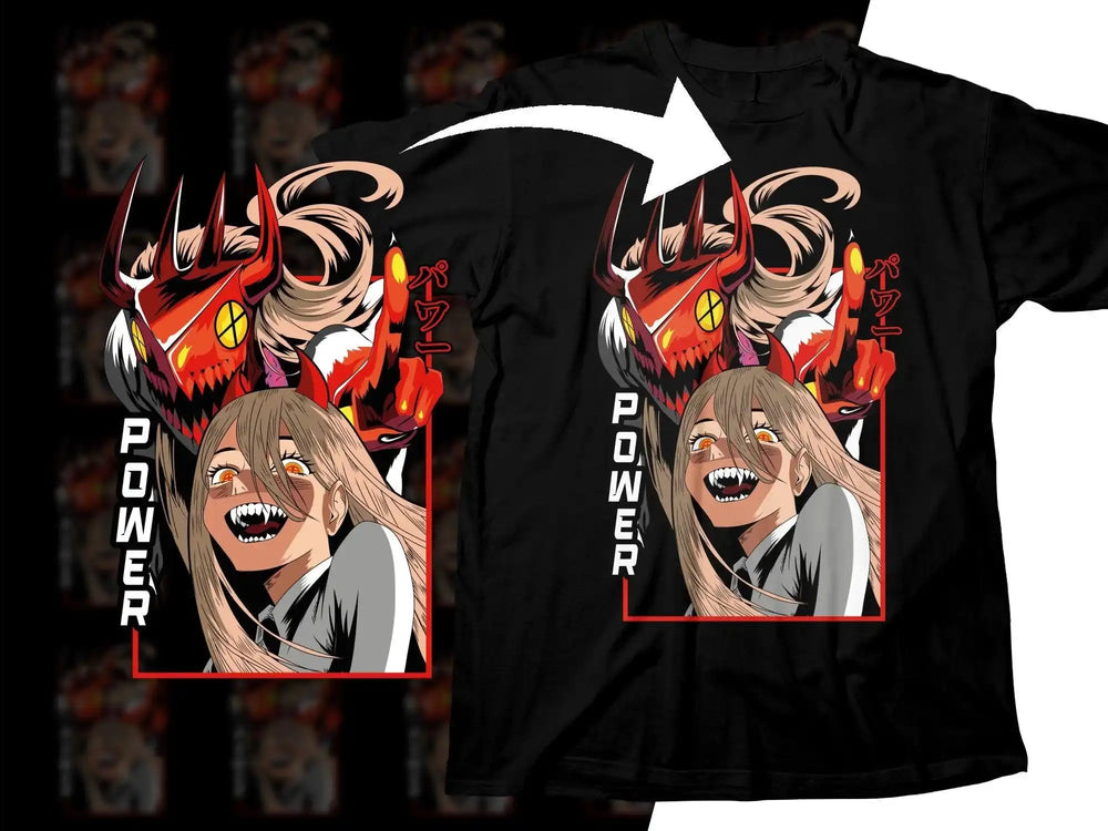 Anime girl with red demon horns and 'POWER' text on black t-shirt design