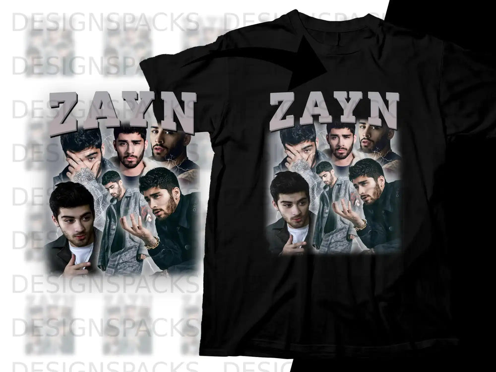 Black t-shirt featuring a collage of Zayn Malik's portrait images.