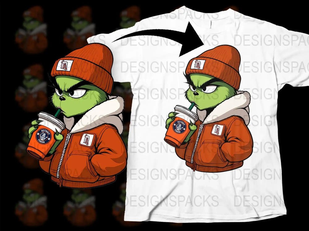Grinch in orange beanie and jacket sipping drink, printed on white t-shirt design