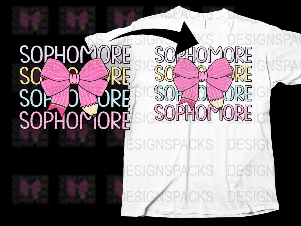 Sophomore t-shirt design with pink bow and pencil, print-ready PNG for DTG/DTF