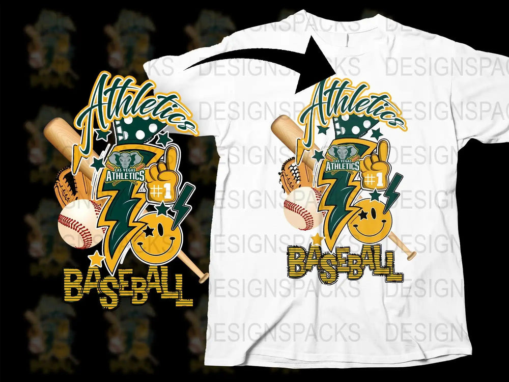 Las Vegas Athletics baseball design on white t-shirt with bat, glove, and smiley face