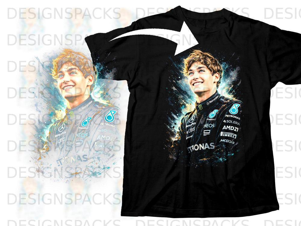 Black t-shirt featuring George Russell artwork with Mercedes-AMG Petronas Formula One Team logos.