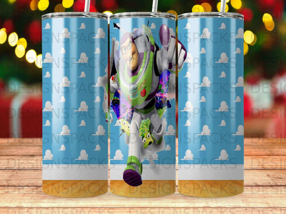 Buzz Lightyear character and rocket ship pattern on a blue tumbler.