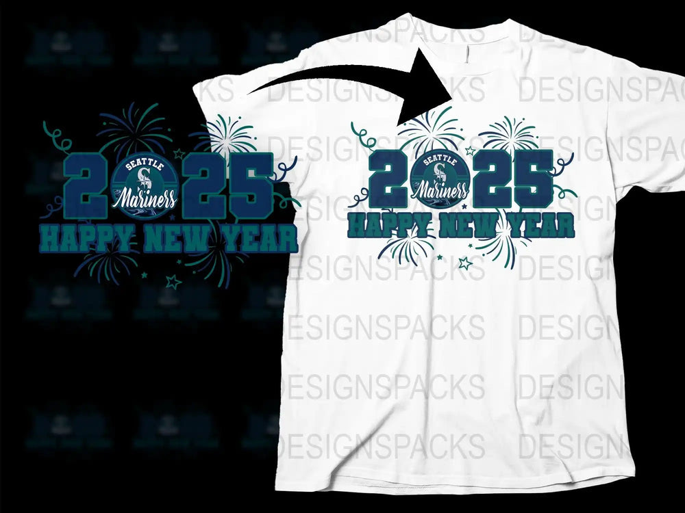 2025 Happy New Year Seattle Mariners t-shirt design with fireworks