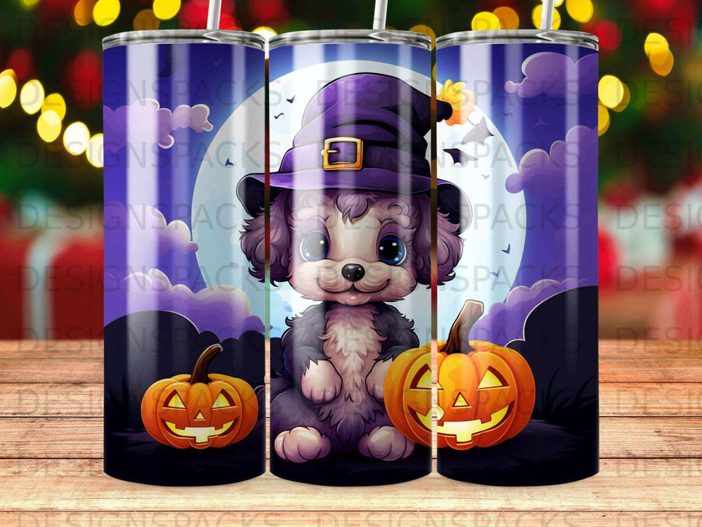 Halloween puppy in witch hat with pumpkins, colorful swirling background.