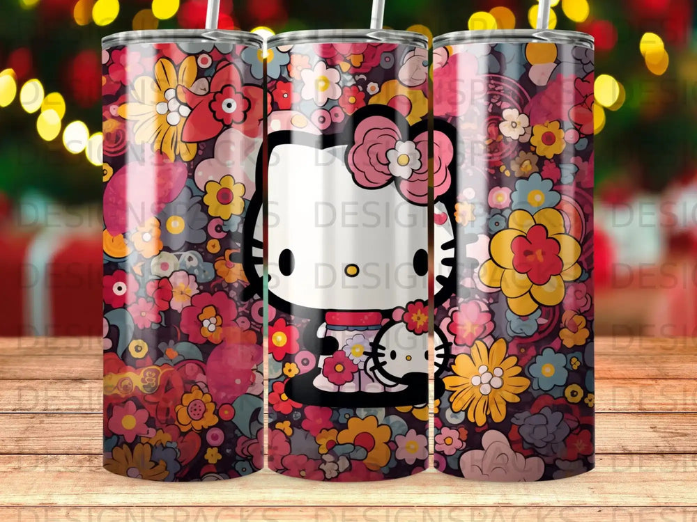 Hello Kitty and flowers on a colorful patterned tumbler with bokeh lights background.
