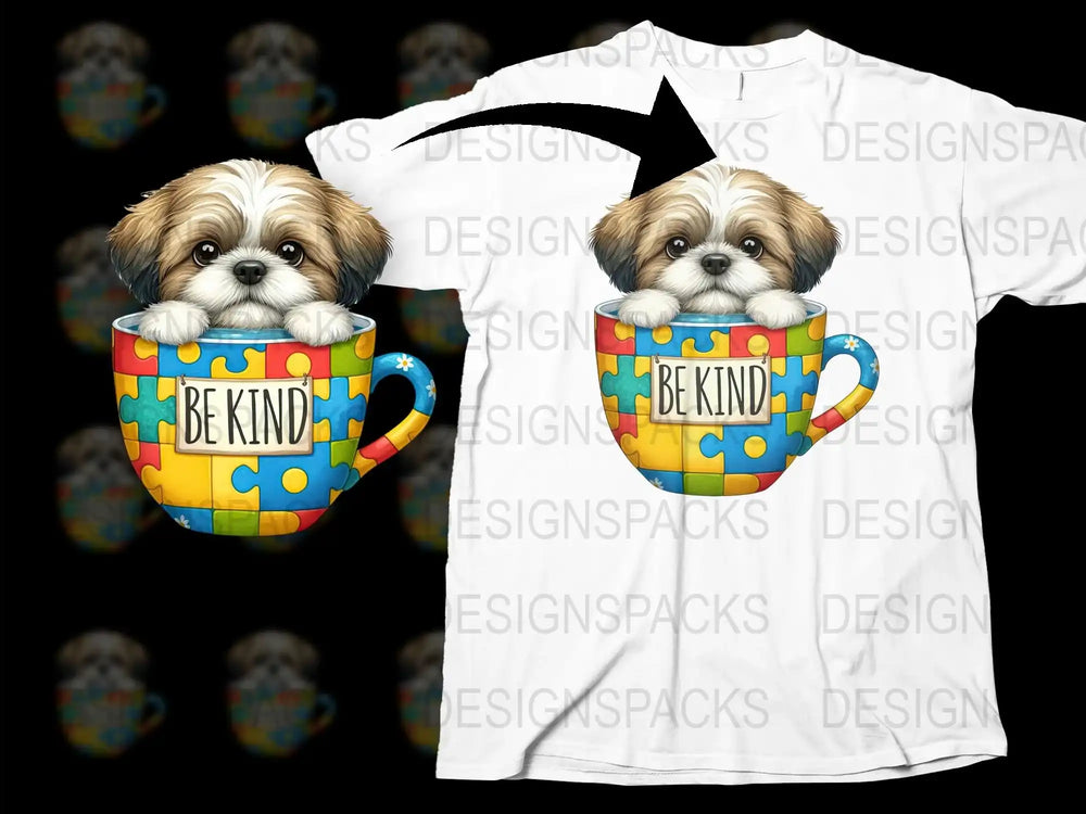 Cute Shih Tzu Dog T-Shirt, Be Kind Mug Design, Colorful Puzzle Pieces, Animal Lover Gift Idea