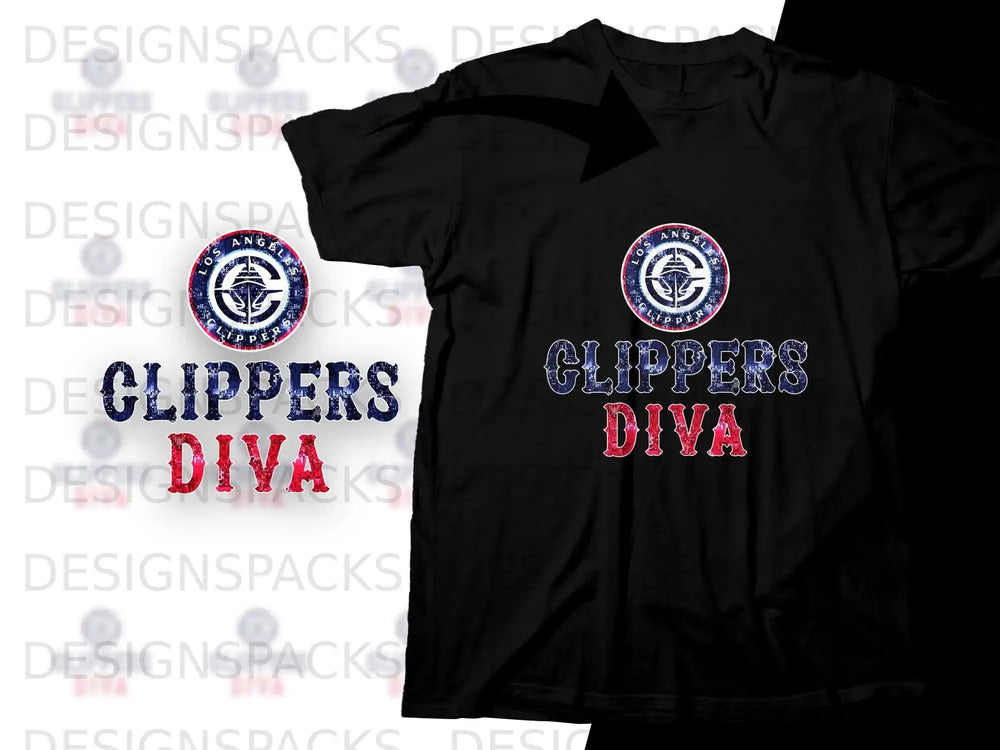 Black t-shirt with "Los Angeles Clippers Diva" text in red, white, and blue.