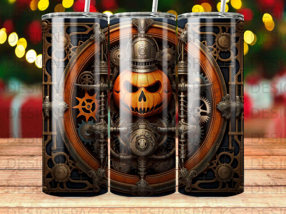 Steampunk jack-o'-lantern with gears and clockwork elements.