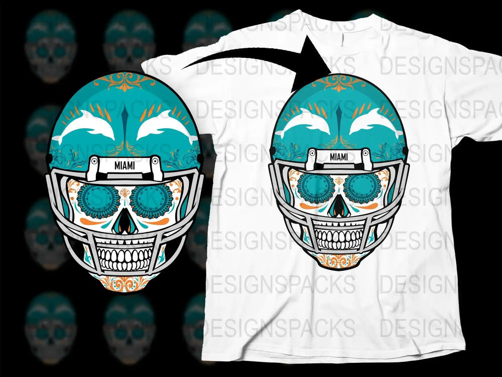 Miami football helmet sugar skull design for t-shirt, print-ready SVG/PNG, Day of the Dead style