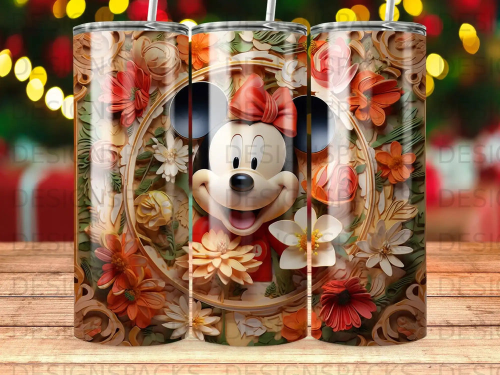Minnie Mouse with red bow and floral accents on a patterned tumbler.