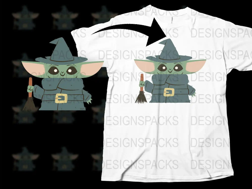 Baby Yoda witch design on white t-shirt, perfect for DTF/DTG printing