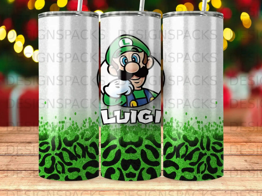 Green tumbler with Luigi character and leopard print pattern.