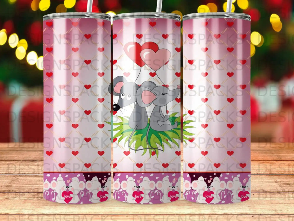 Two mice sit with heart balloons on a tumbler with hearts and the word "love".
