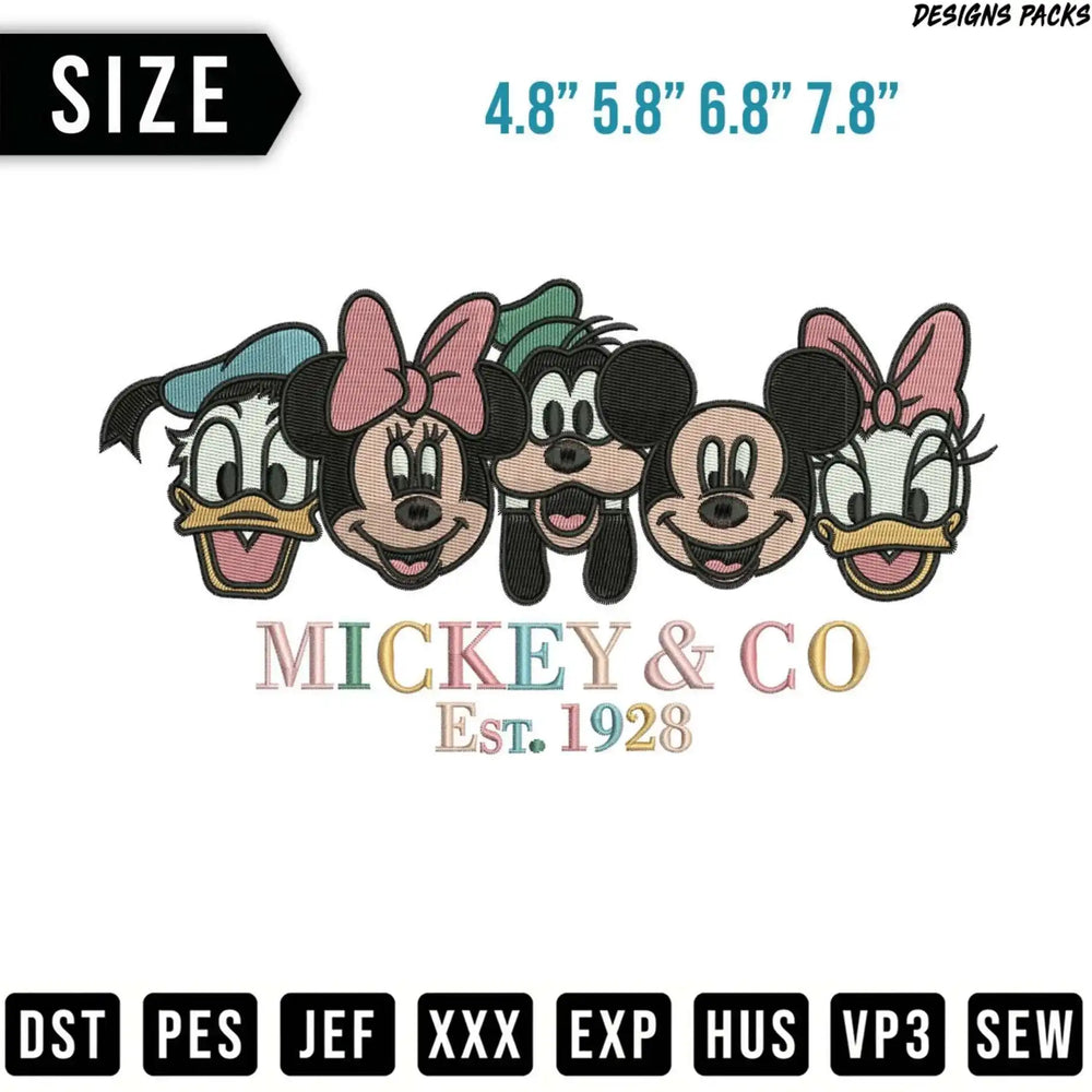 Mickey and friends embroidery design with sizes and file formats.